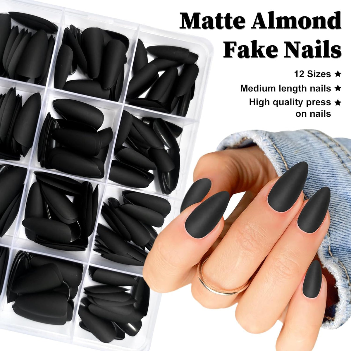 Matte Black Almond Press-On Nails, 240 Piece Set