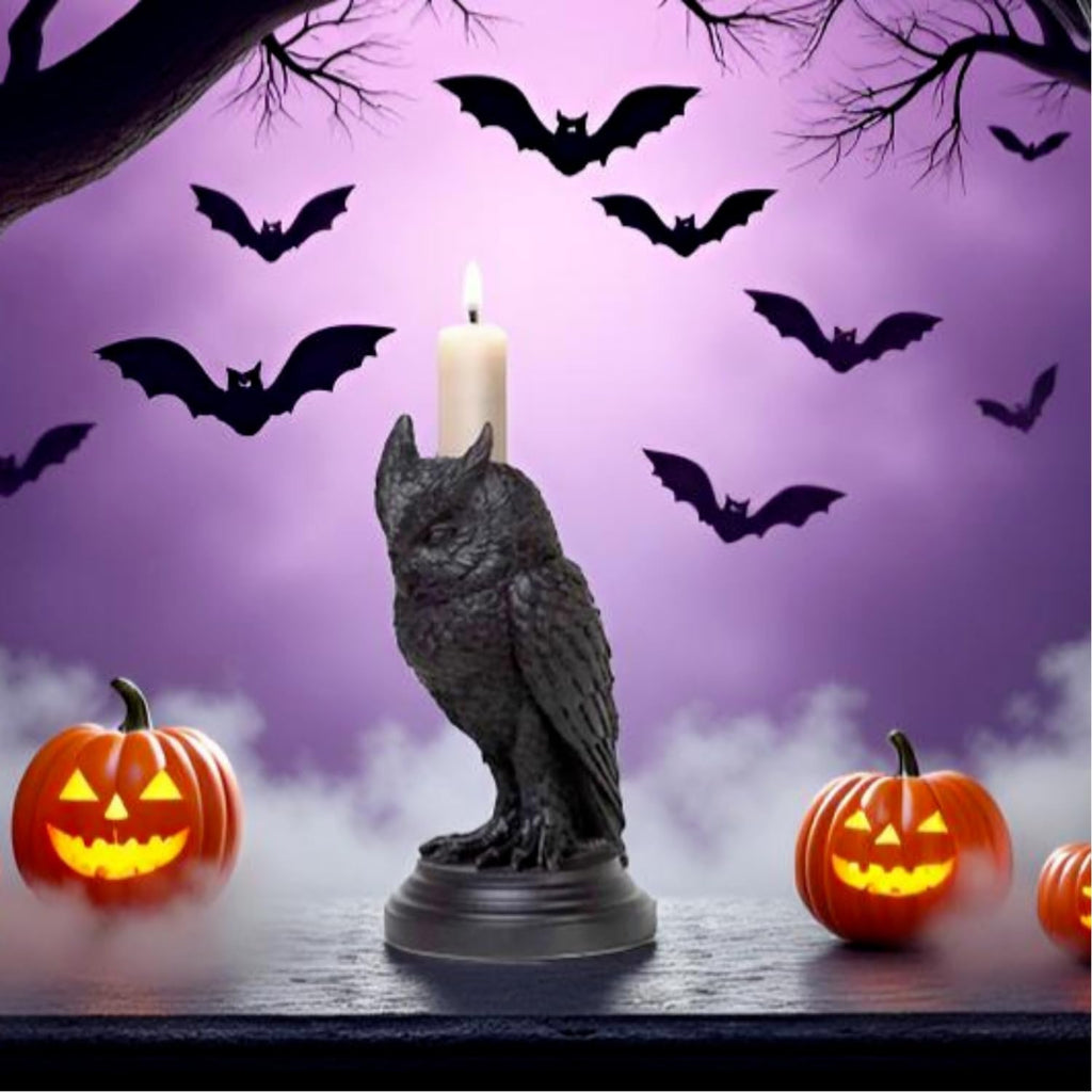 Gothic Black Owl Candle Holder - Resin Statue
