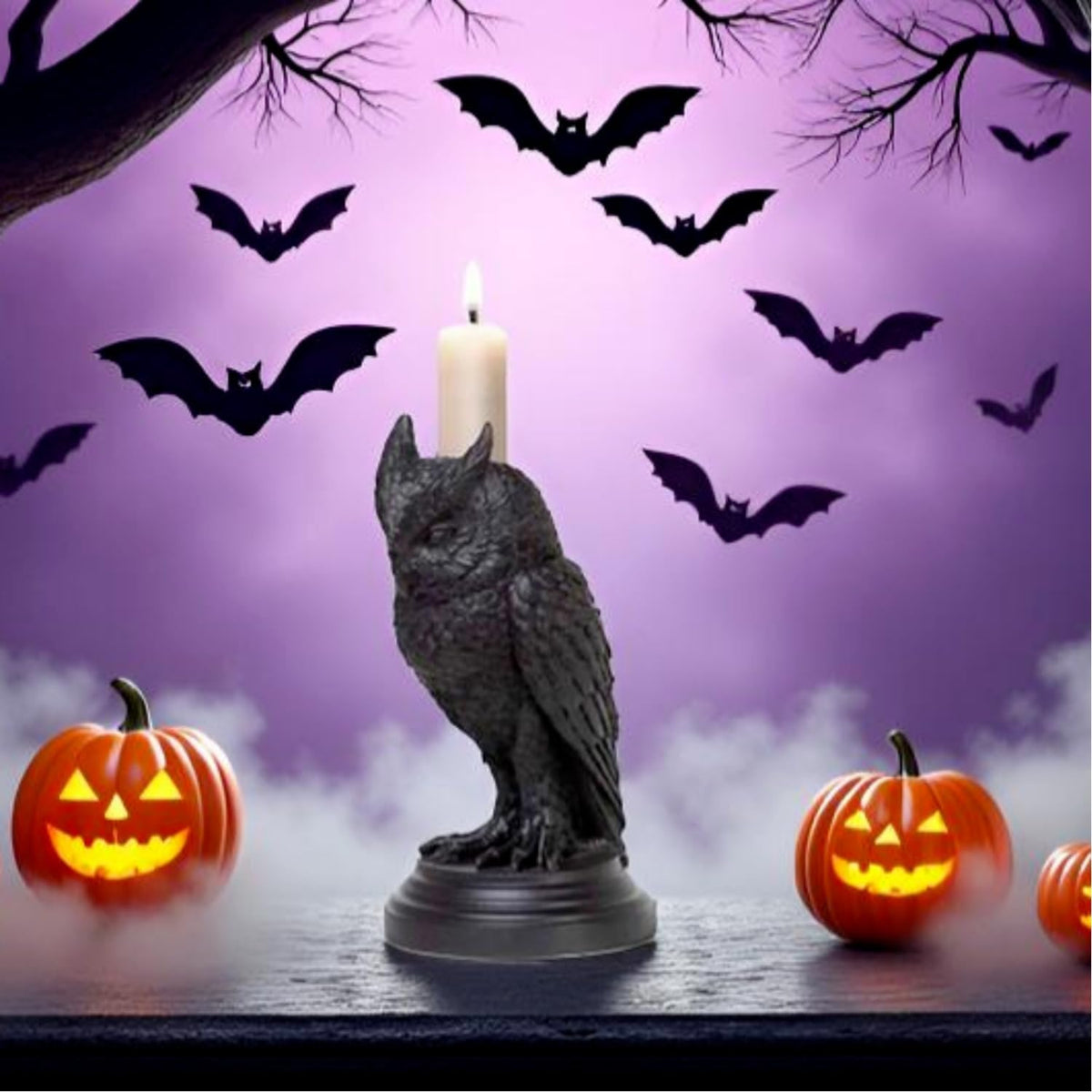 Gothic Black Owl Candle Holder - Resin Statue