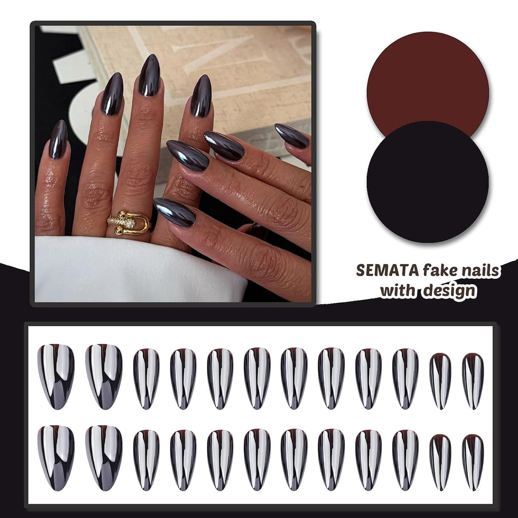 Black Chrome Press-On Nails - Almond, 24 Piece