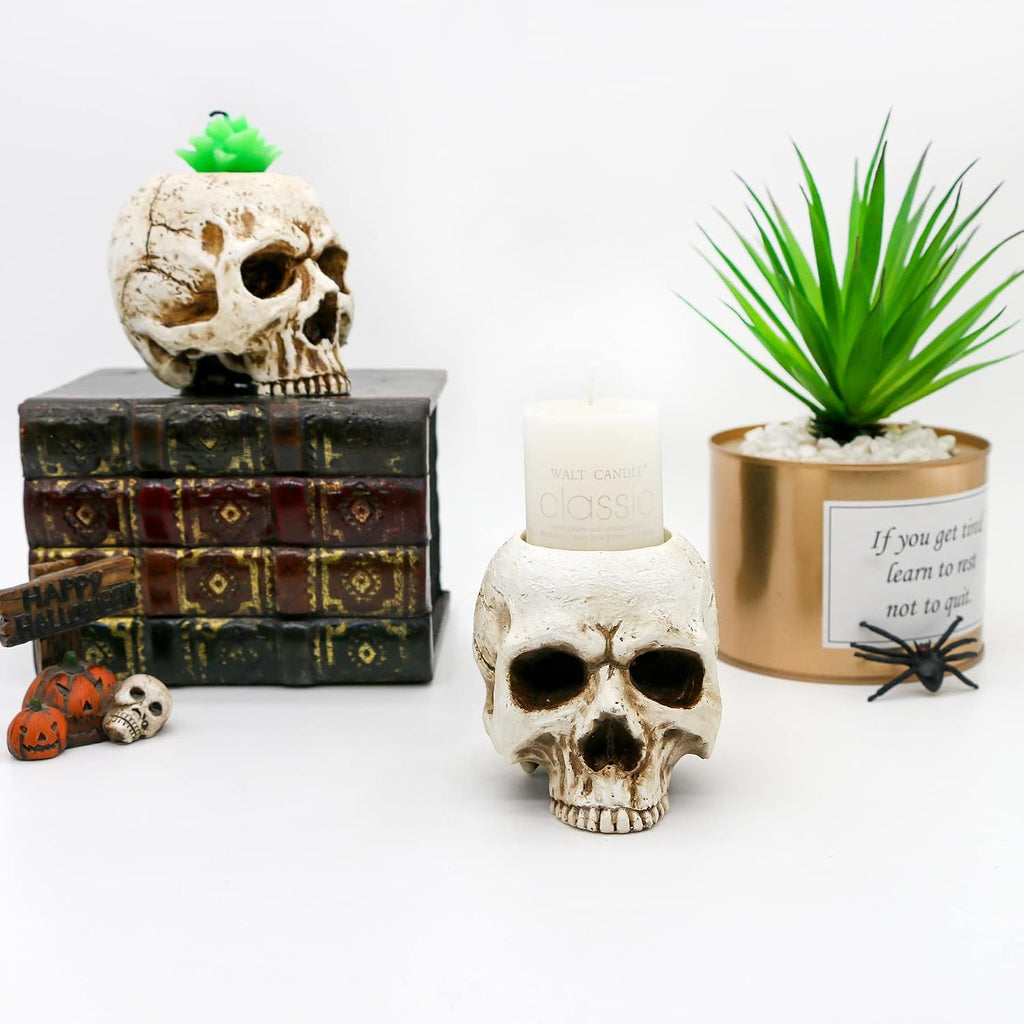 Skull Tealight Candle Holder - Antique White Resin