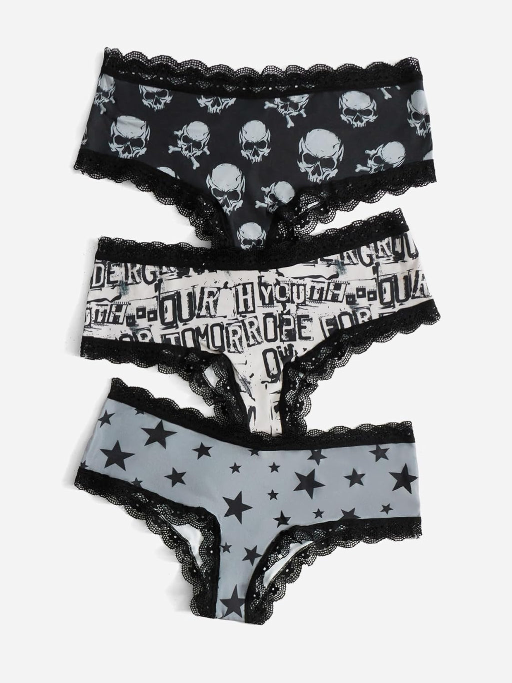 Women'S 3 Pack Skull Graphic Print Lace Trim Underwear Panty Set