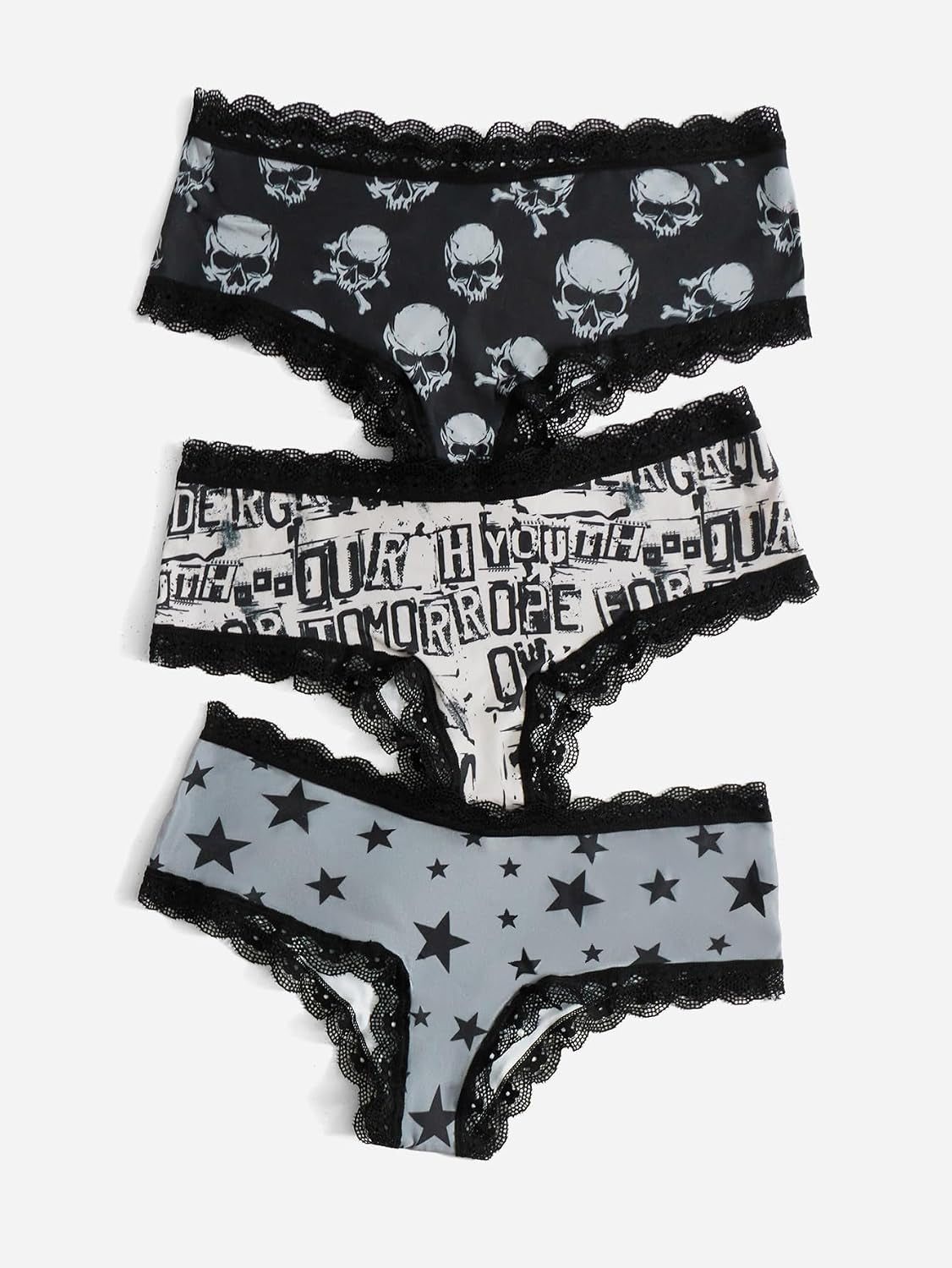 Women'S 3 Pack Skull Graphic Print Lace Trim Underwear Panty Set