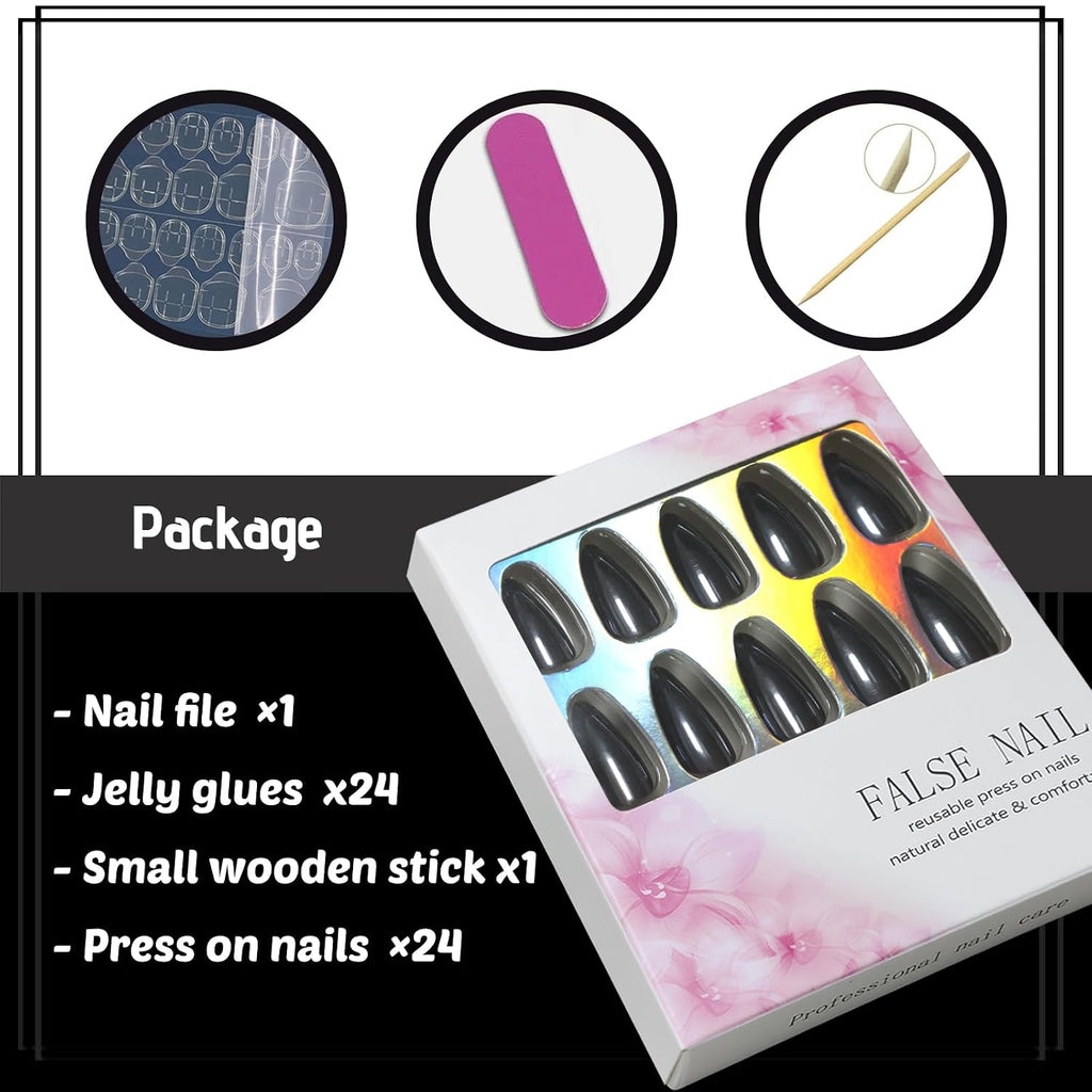 Black Chrome Press-On Nails - Almond, 24 Piece