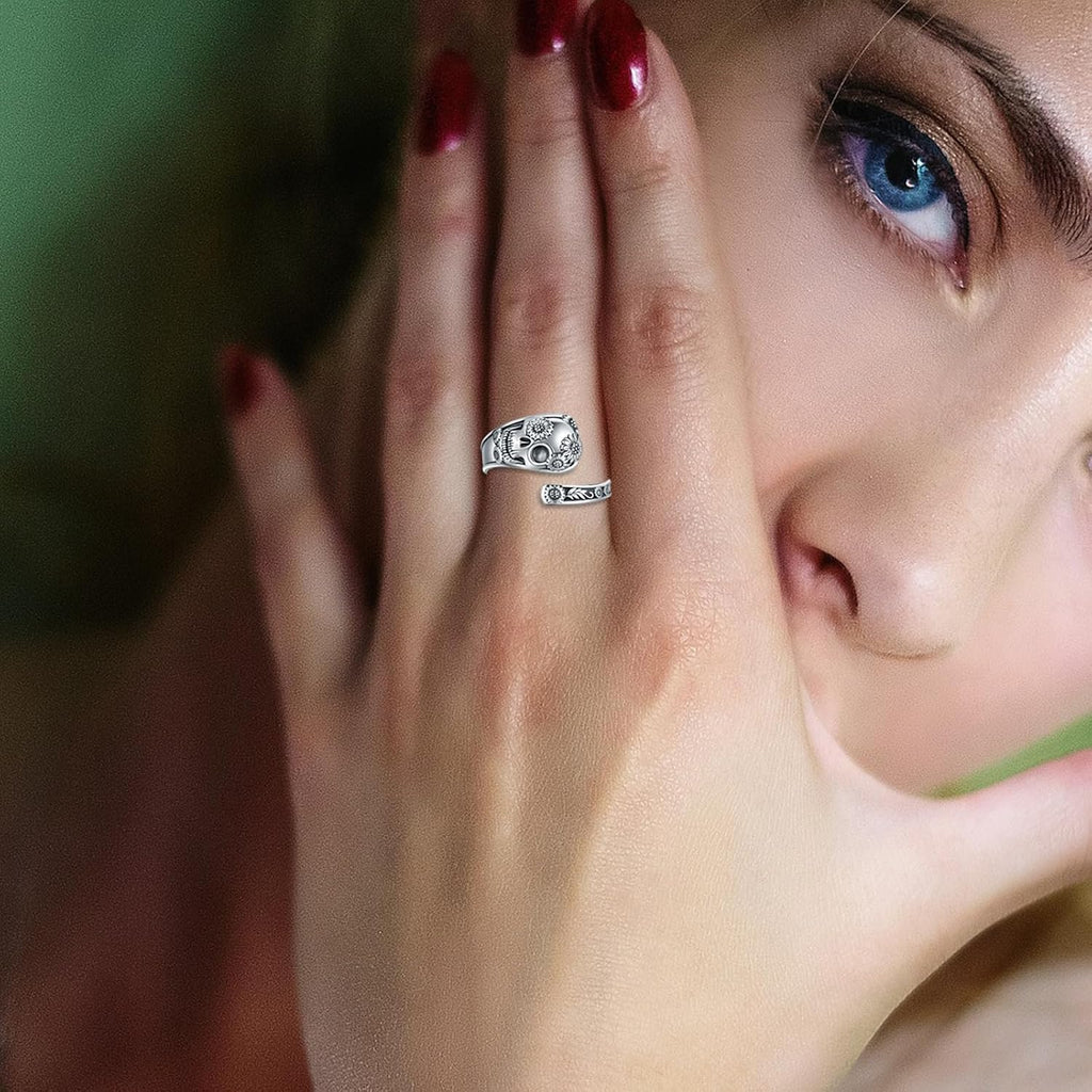 Sterling Silver Gothic Skull Spoon Ring