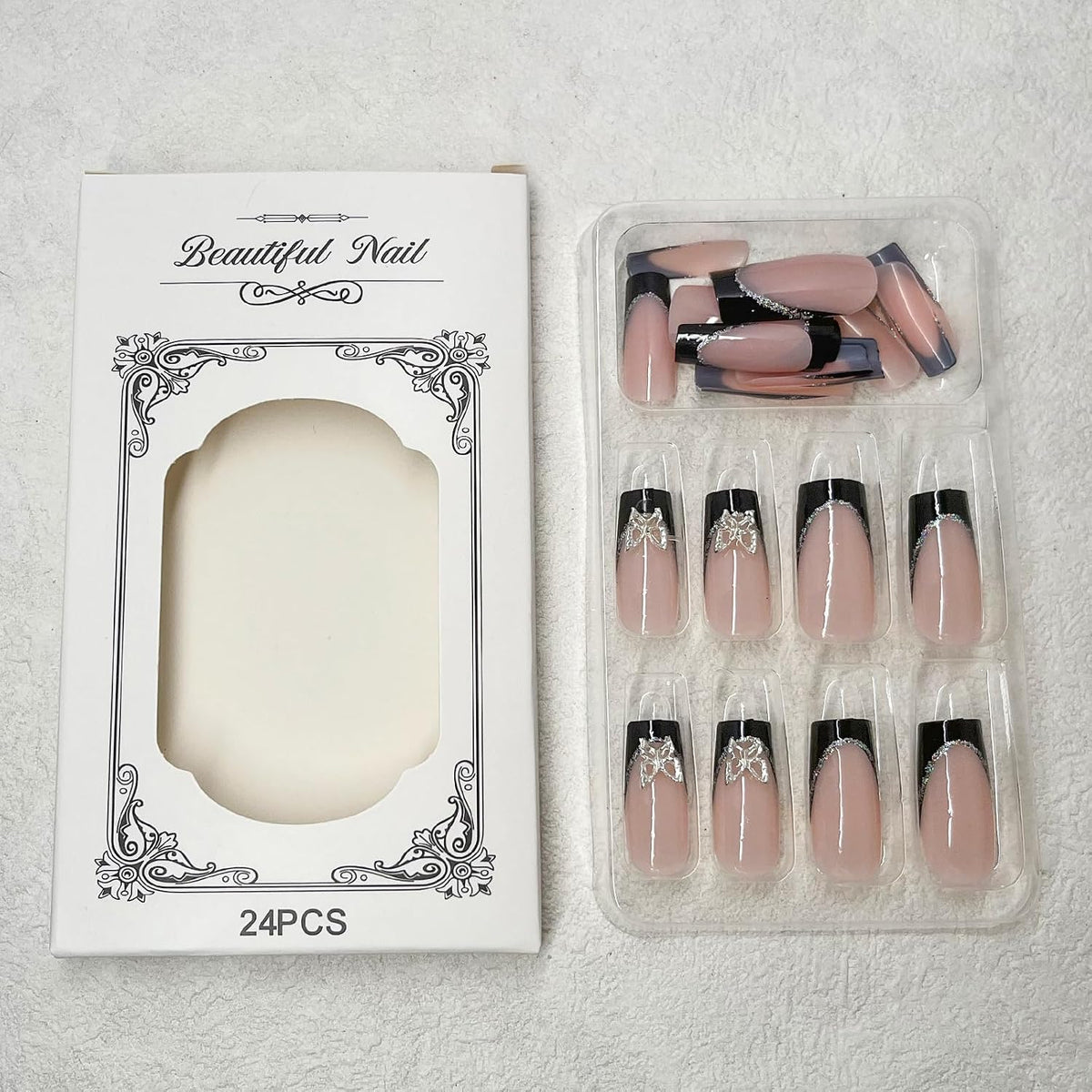 Black French Tip Coffin Press-On Nails with Silver Butterfly Charms