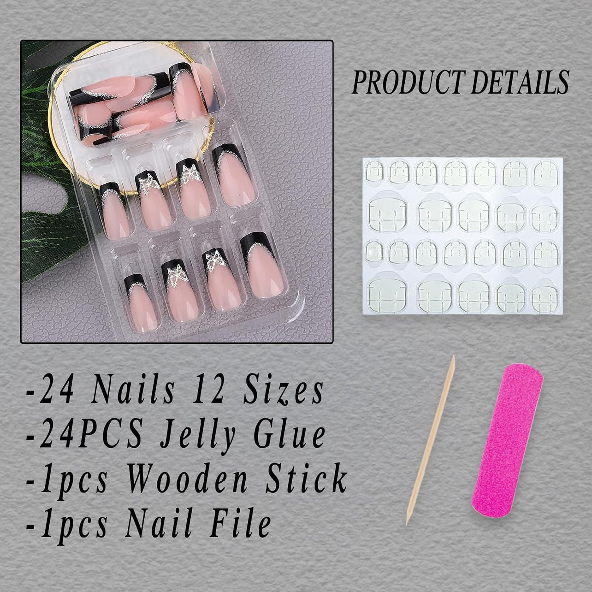 Black French Tip Coffin Press-On Nails with Silver Butterfly Charms