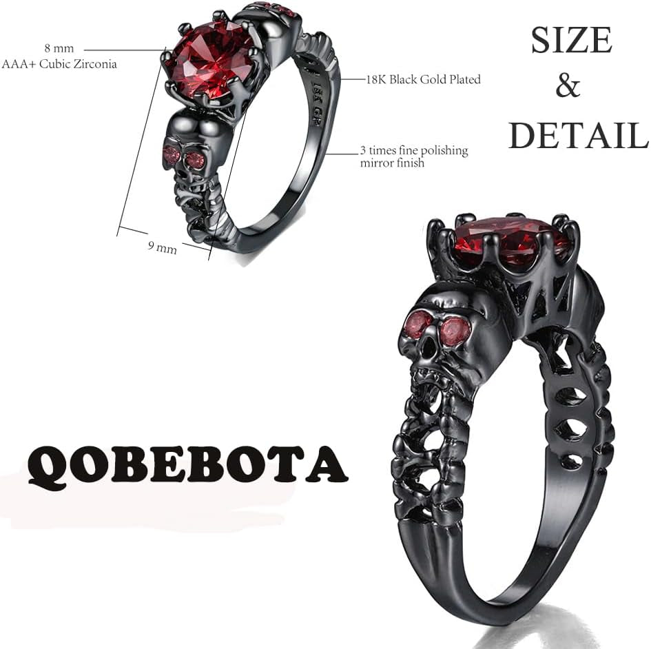 Gothic Skull Statement Ring - Black Gold Plated, Red Crystal
