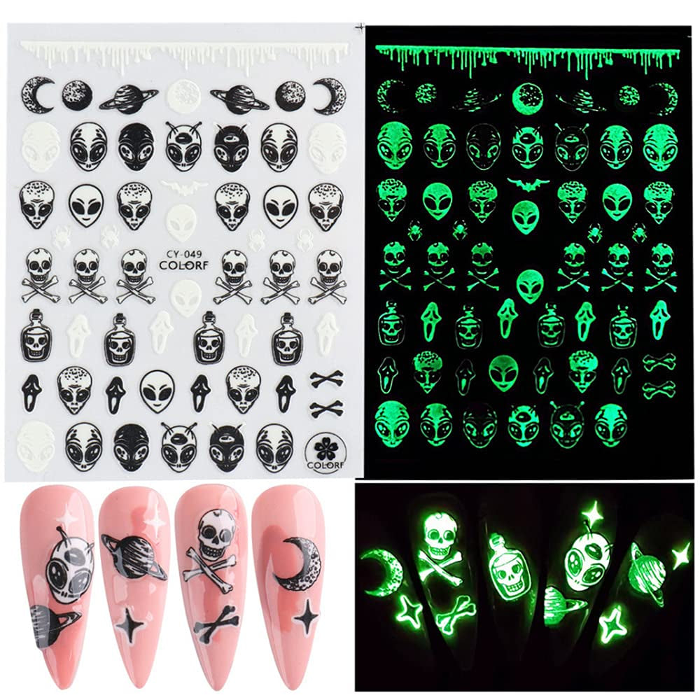Luminous 3D Skull and Bat Nail Stickers, 6 Sheets
