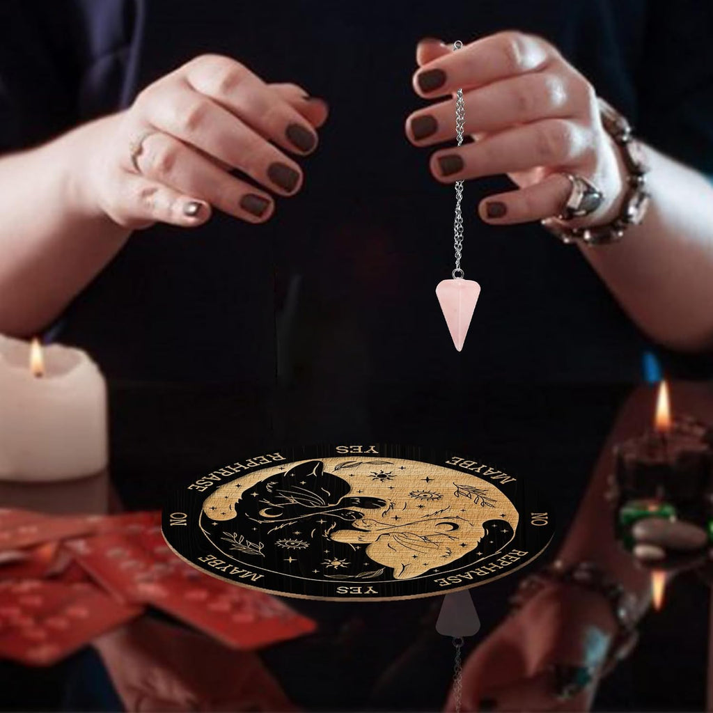 Cat, Sun & Moon Pendulum Board with Rose Quartz Pendulum