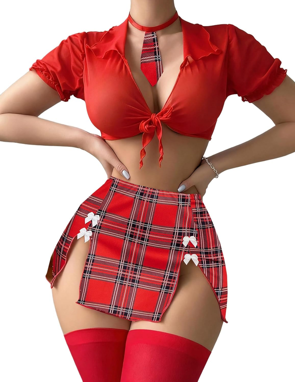 Sexy Schoolgirl Halloween Costume Mesh Top and Mini Skirt
