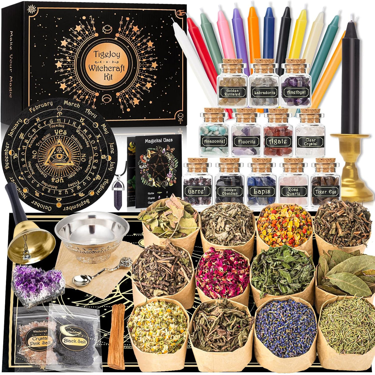 Wiccan Spell Kit with Herbs, Crystals, Candles and Altar Bowl, 60 Pieces