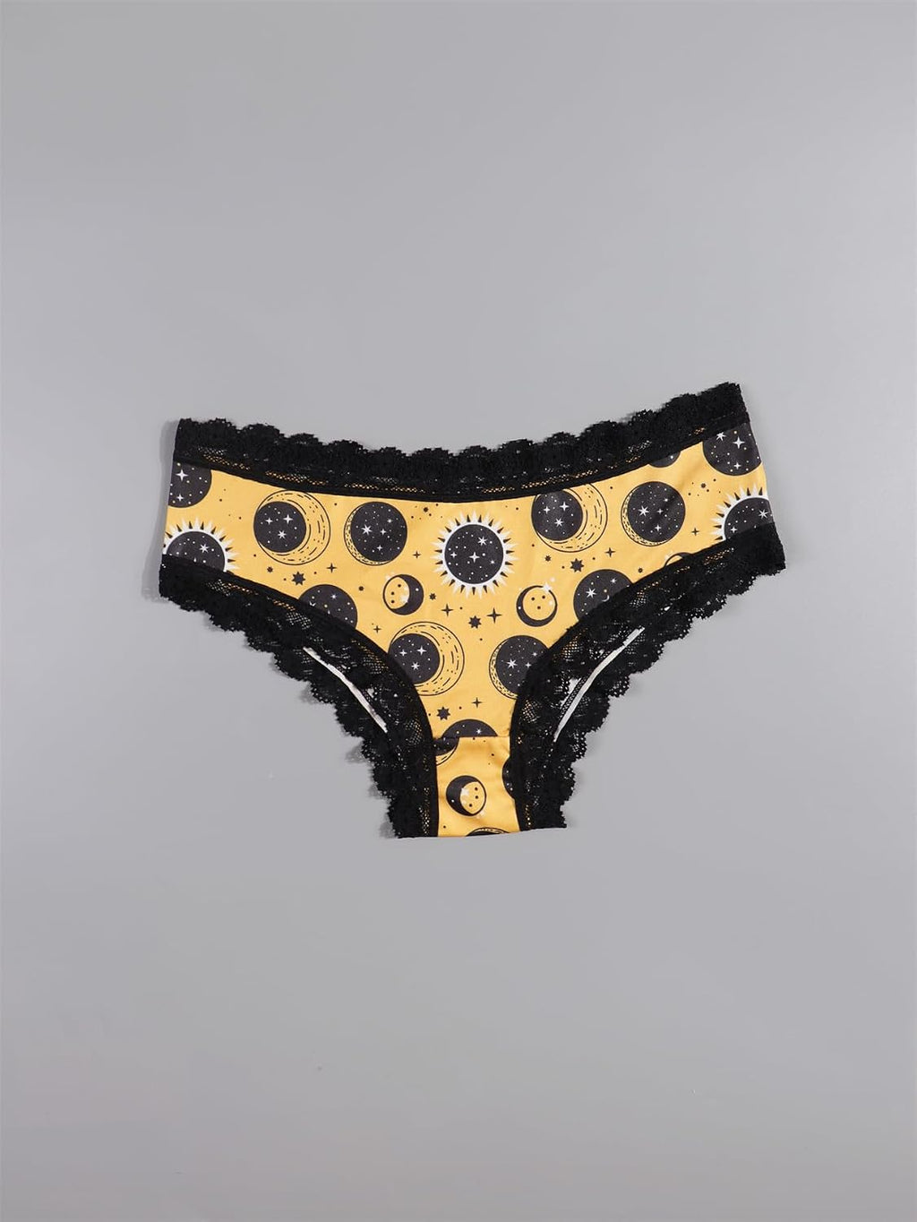 Women'S Celestial Print Hipster Panties Set, Black Lace Trim, 4 Count, Moon and Stars Design