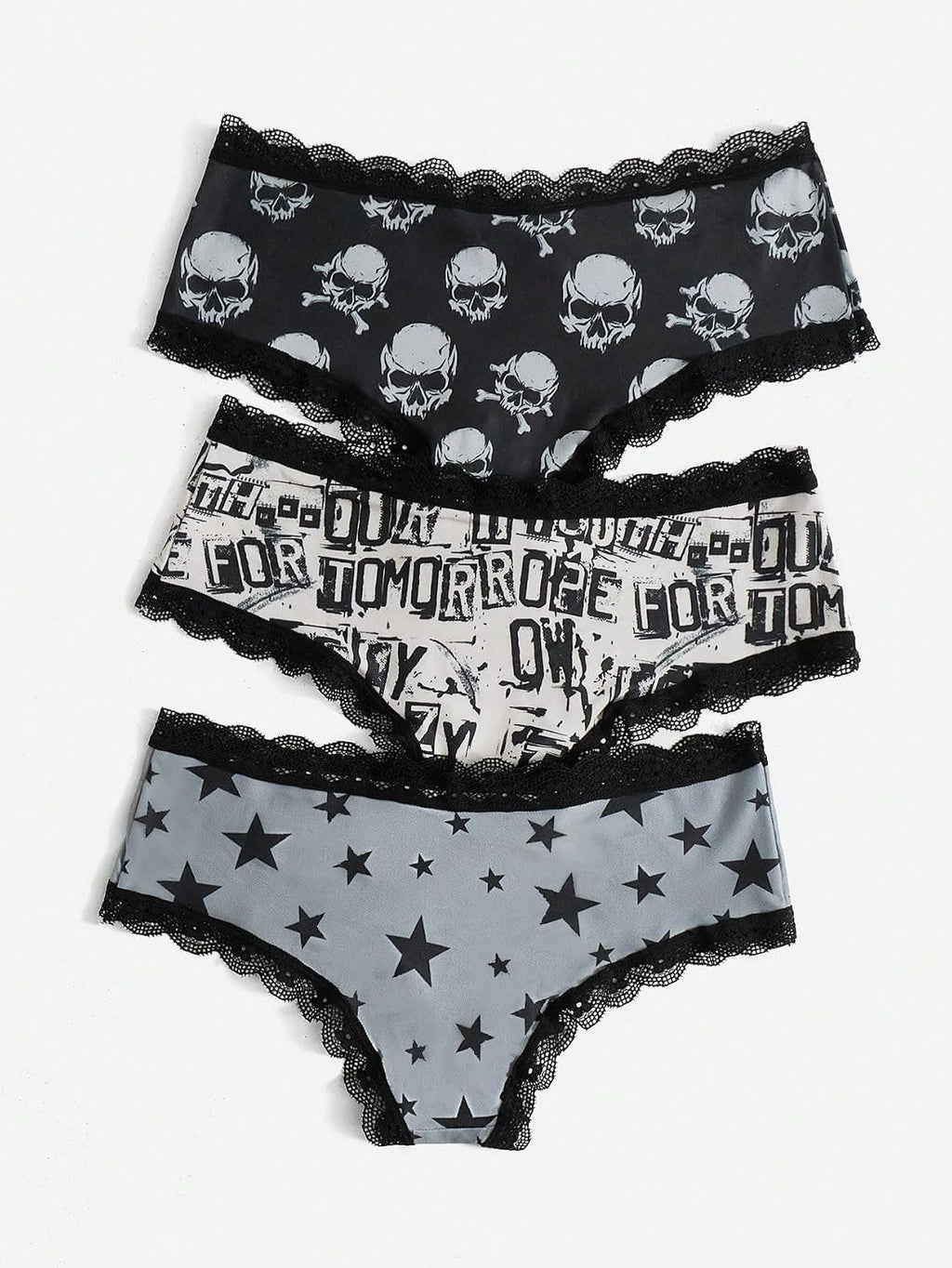 Women'S 3 Pack Skull Graphic Print Lace Trim Underwear Panty Set