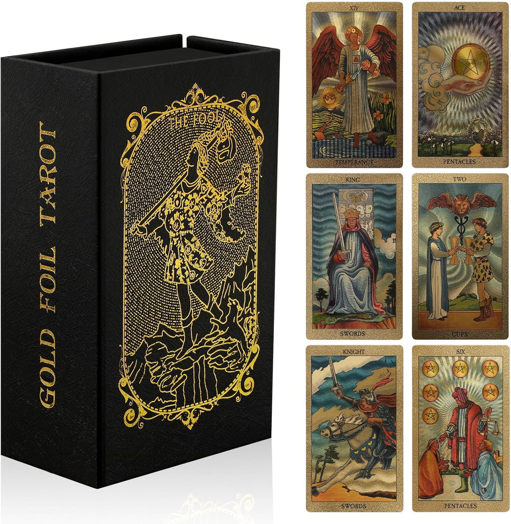 Gold Foil Tarot Deck - Rider-Waite Style, 78 PVC Cards with Guidebook