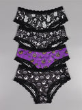 Gothic Halloween Underwear Set, 4-Pack Women'S Lace Briefs with Pumpkin & Moon Print, Black & Purple