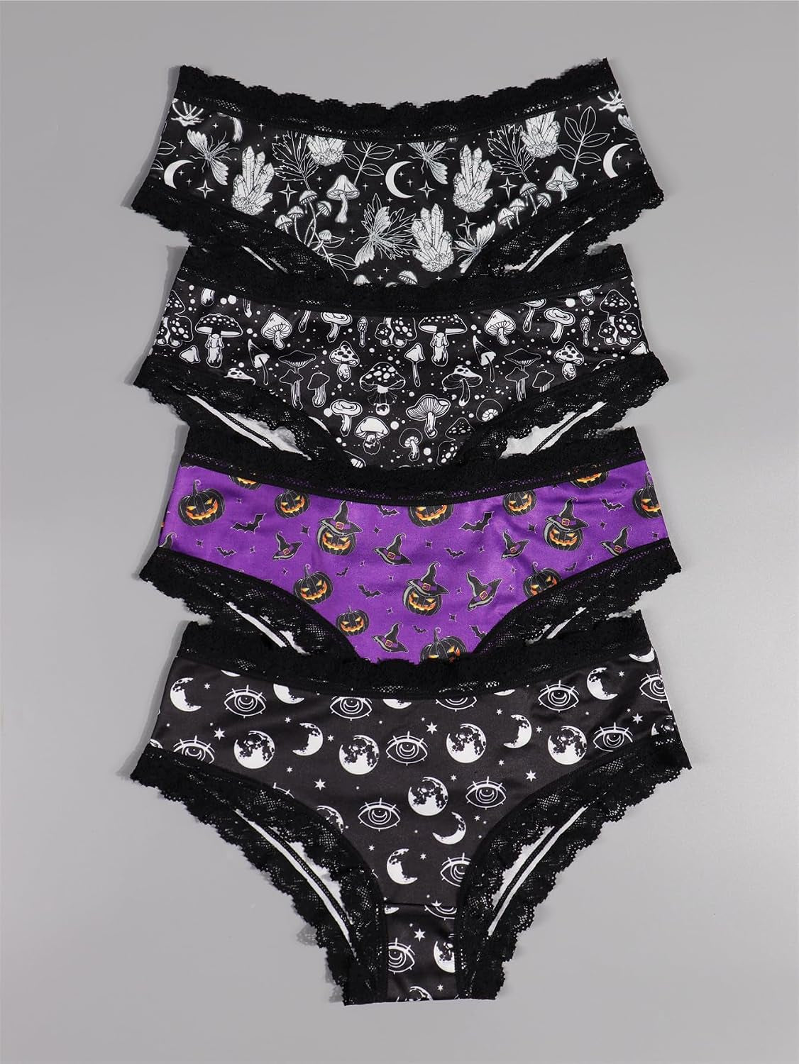Gothic Halloween Underwear Set, 4-Pack Women'S Lace Briefs with Pumpkin & Moon Print, Black & Purple