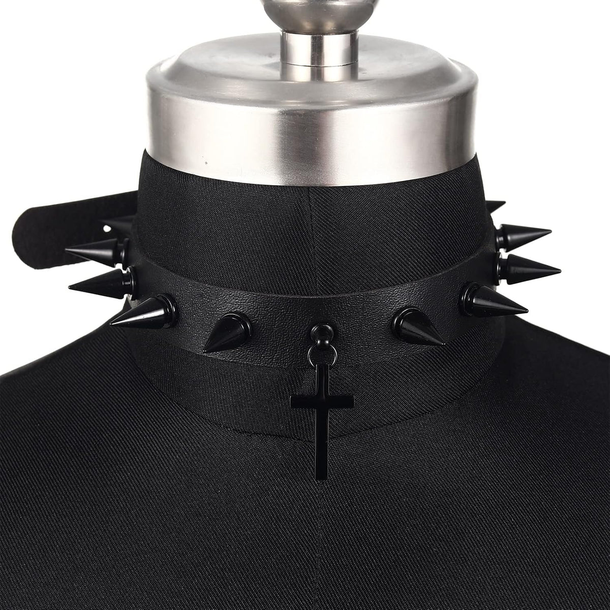 Spiked Moon & Cross Choker - Black Leather, Stainless Steel Pendant