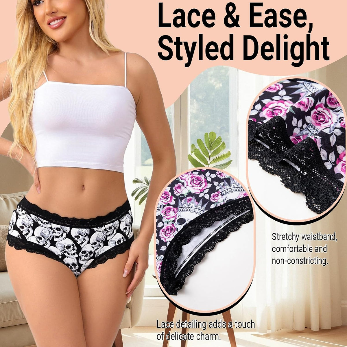 Women'S Gothic Hipster Panties 5/6Pack Soft Comfort Lace Underwear