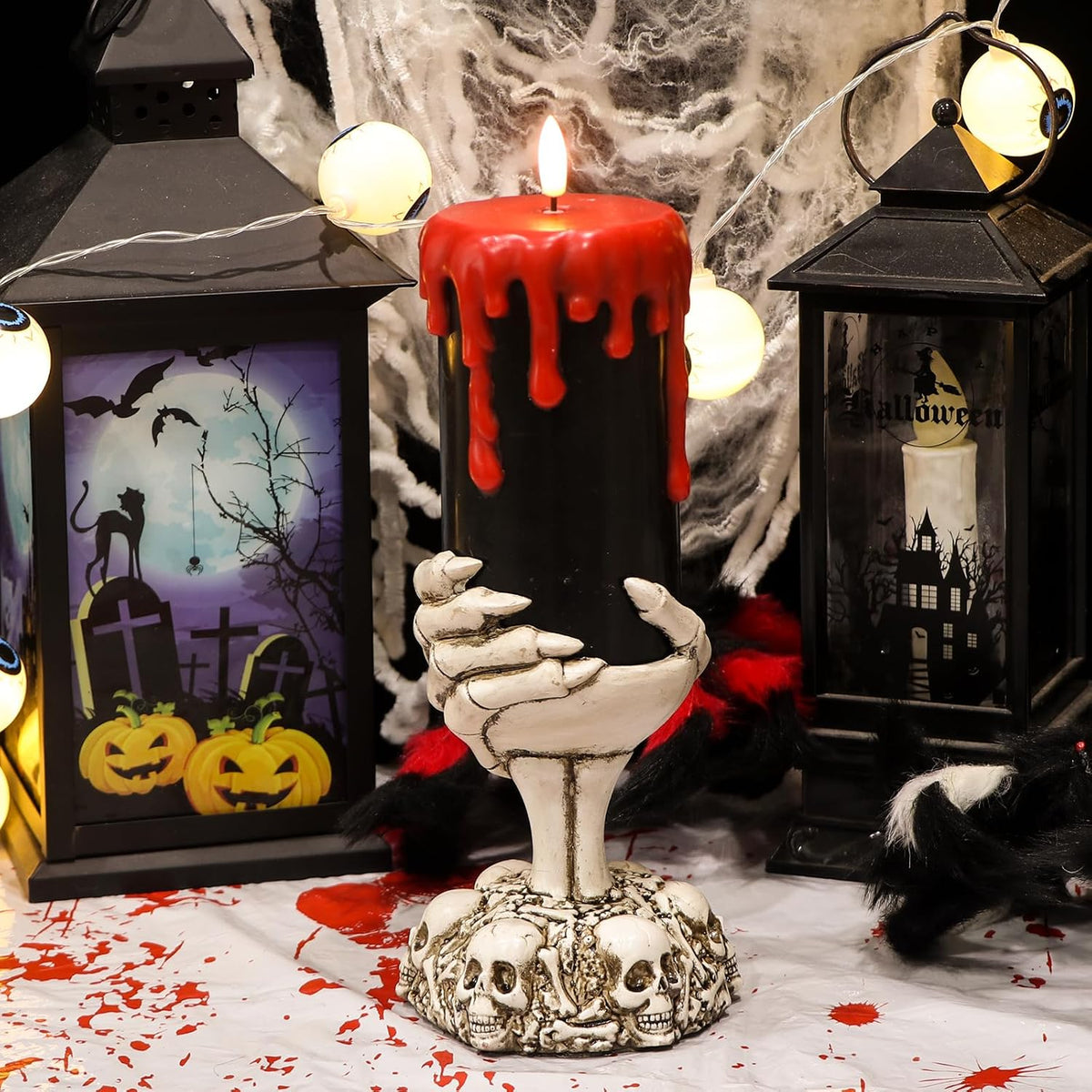 Black Flameless Candle with Skeleton Hand Holder