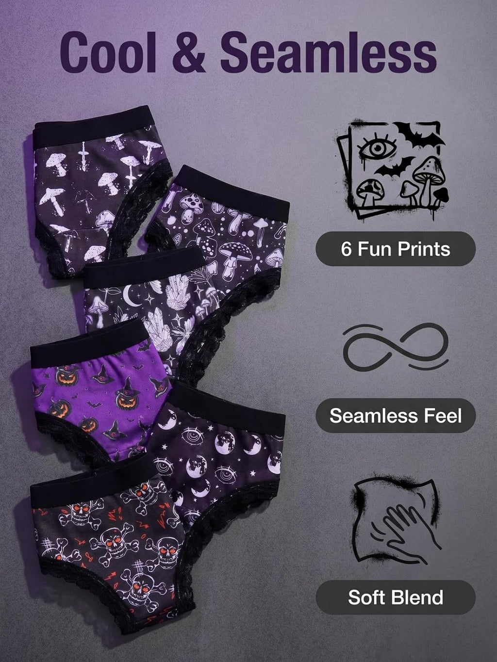6 Pack Women'S Halloween Gothic Punk Skull Print Thongs, Low Rise Lace Trim Soft Y2K Panties Underwear