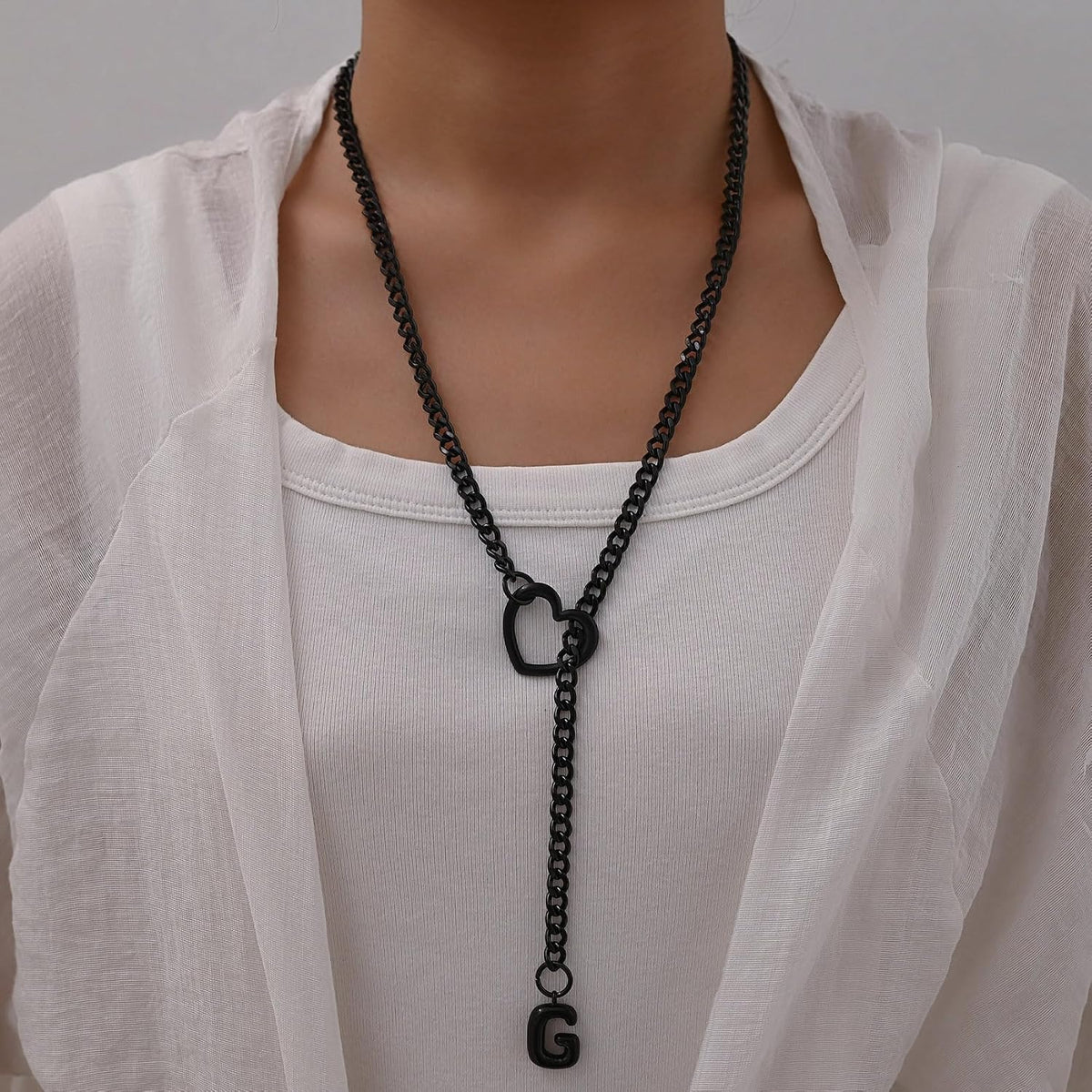 Black Heart Slip Chain Necklace - Stainless Steel