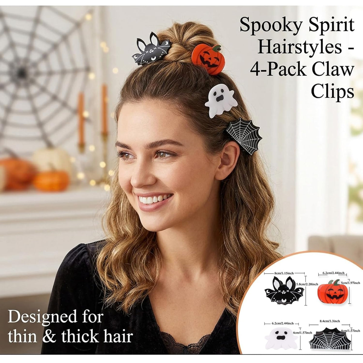 Bat and Spider Web Hair Claw Clips, 4 Piece
