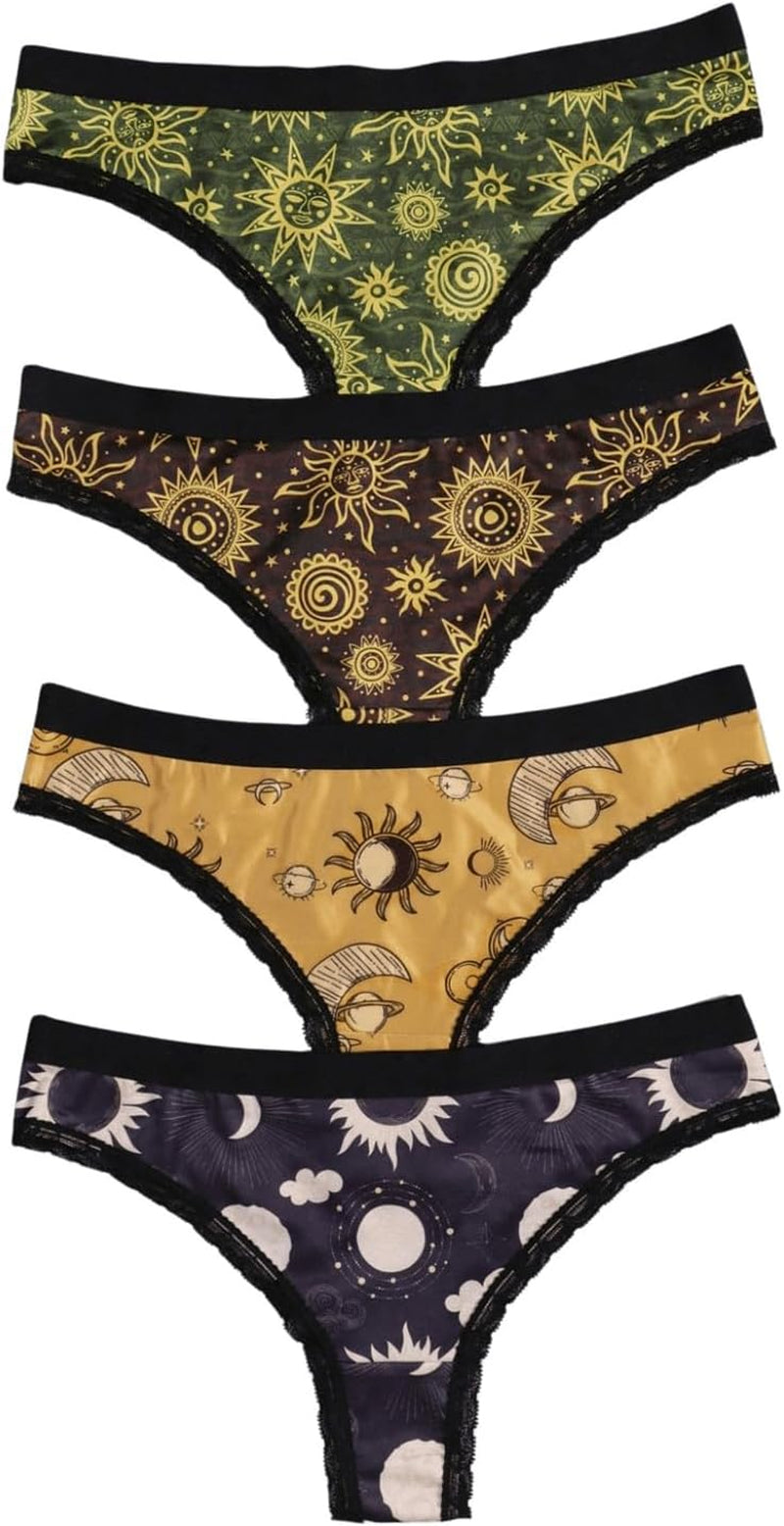 Women'S 4 Pack Gothic Panty Set Lace Trim Low Rise Briefs Sun Moon Print Underwear