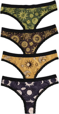 Women'S 4 Pack Gothic Panty Set Lace Trim Low Rise Briefs Sun Moon Print Underwear