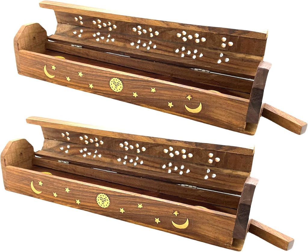 Wooden Coffin Incense Burner 2-Pack - Brass Inlay