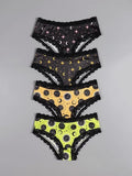 Women'S Celestial Print Hipster Panties Set, Black Lace Trim, 4 Count, Moon and Stars Design