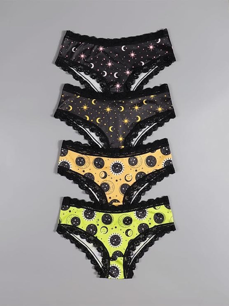 Women'S Celestial Print Hipster Panties Set, Black Lace Trim, 4 Count, Moon and Stars Design