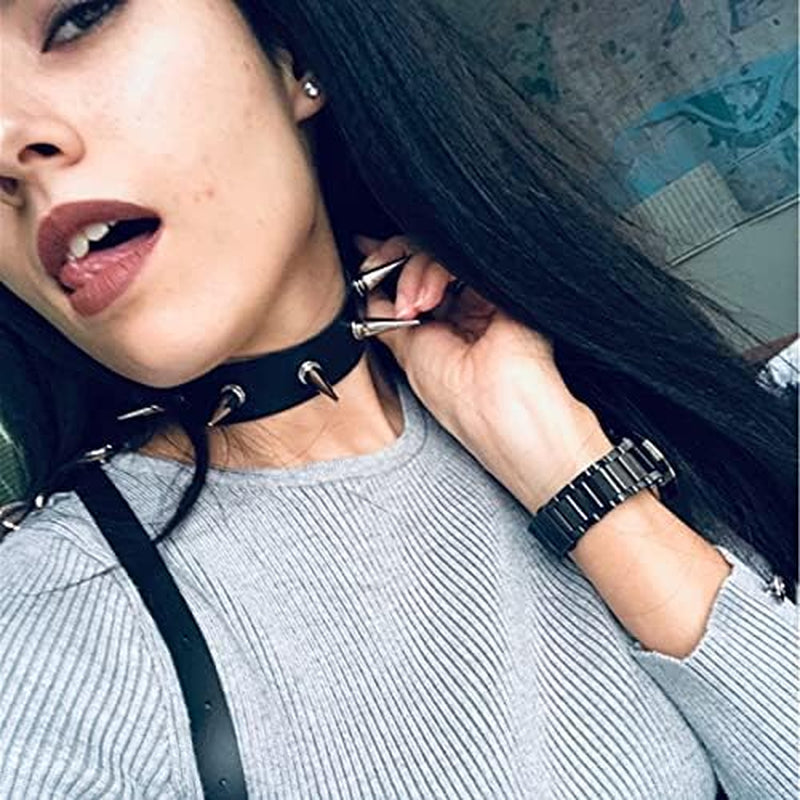 Black Spiked Choker Collar - Faux Leather