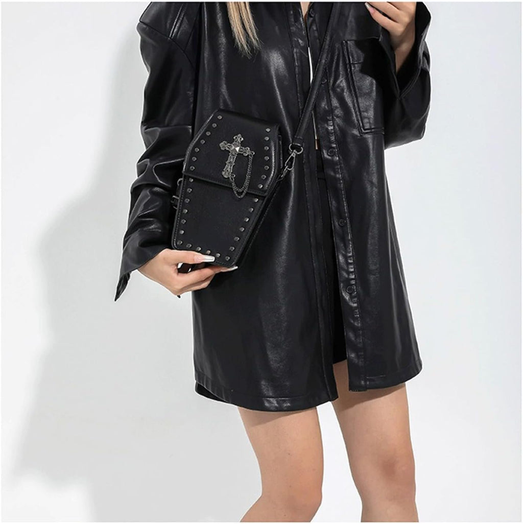 Coffin Crossbody Purse - Black, Cross Print