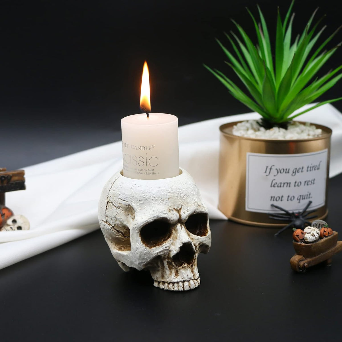 Skull Tealight Candle Holder - Antique White Resin