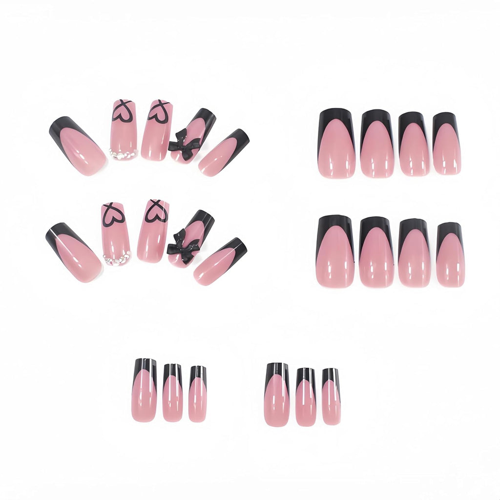 Black French Tip Press-On Nails with Heart and Bow Charms