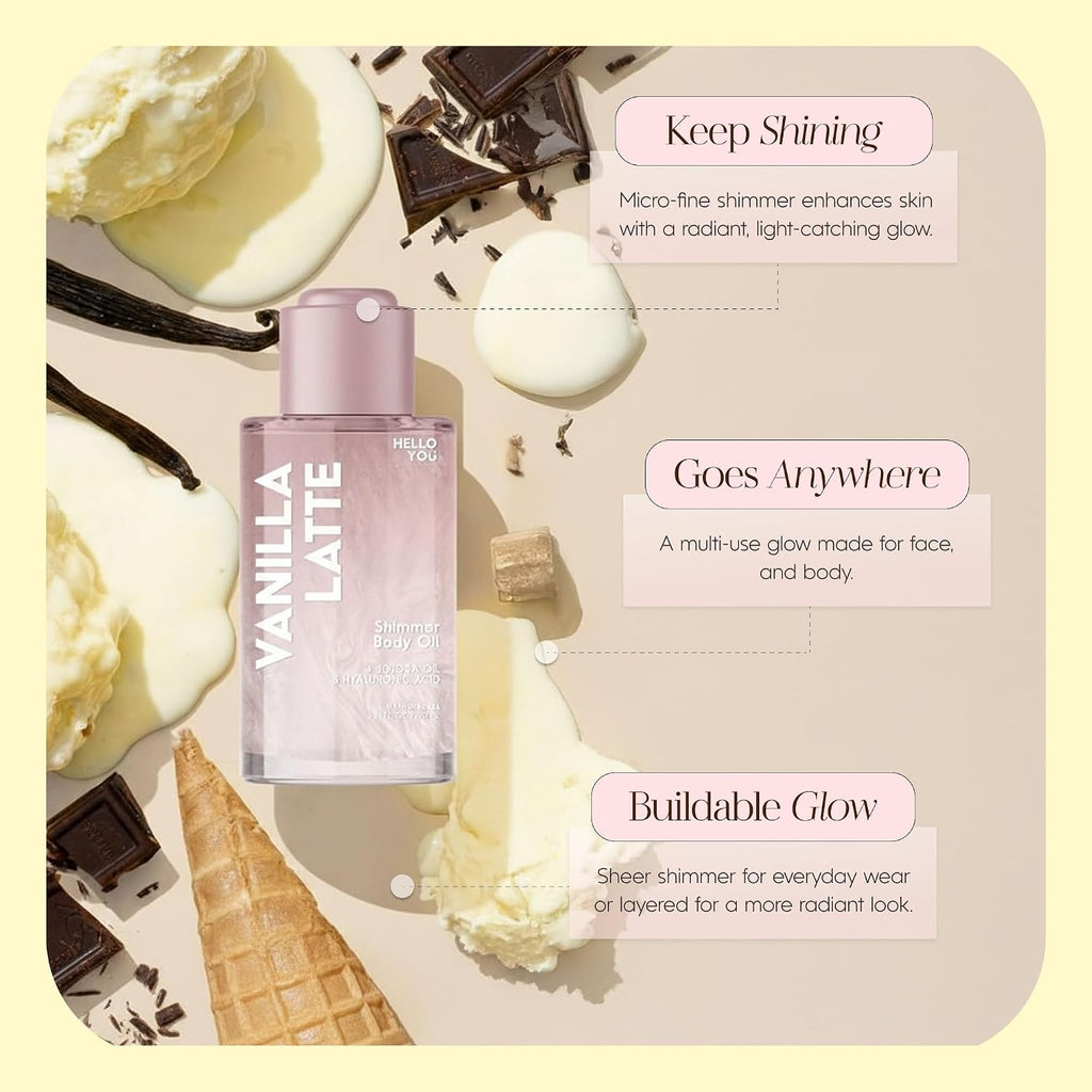 Vanilla Latte Shimmer Body Oil - Jojoba & Hyaluronic - 3.38 Oz