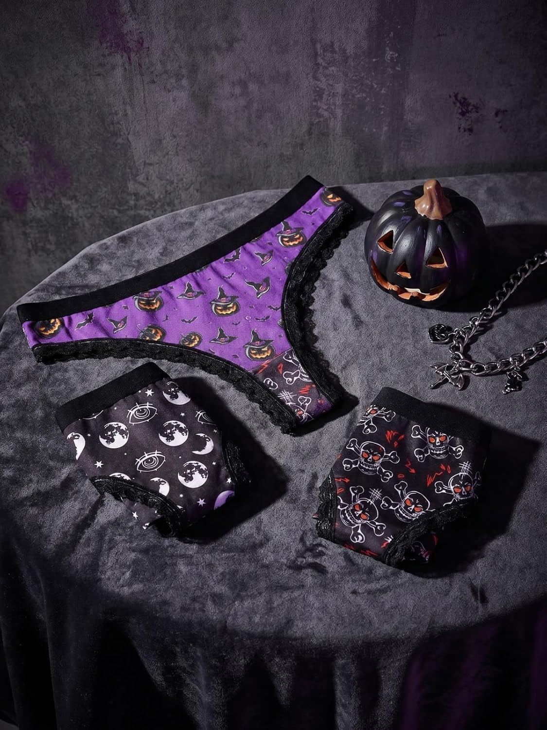 6 Pack Women'S Halloween Gothic Punk Skull Print Thongs, Low Rise Lace Trim Soft Y2K Panties Underwear