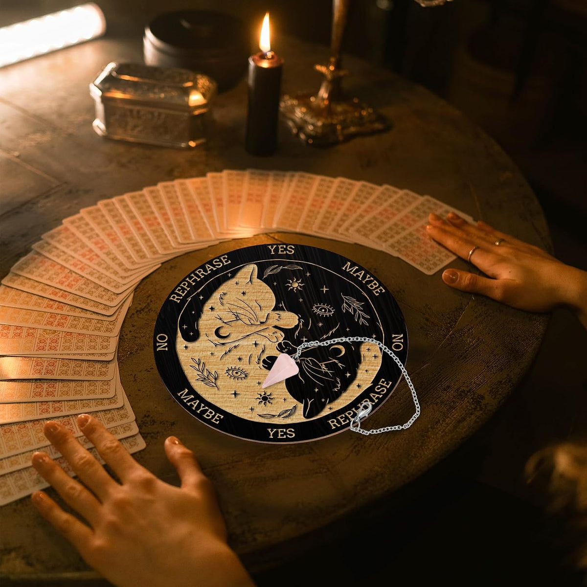 Cat, Sun & Moon Pendulum Board with Rose Quartz Pendulum