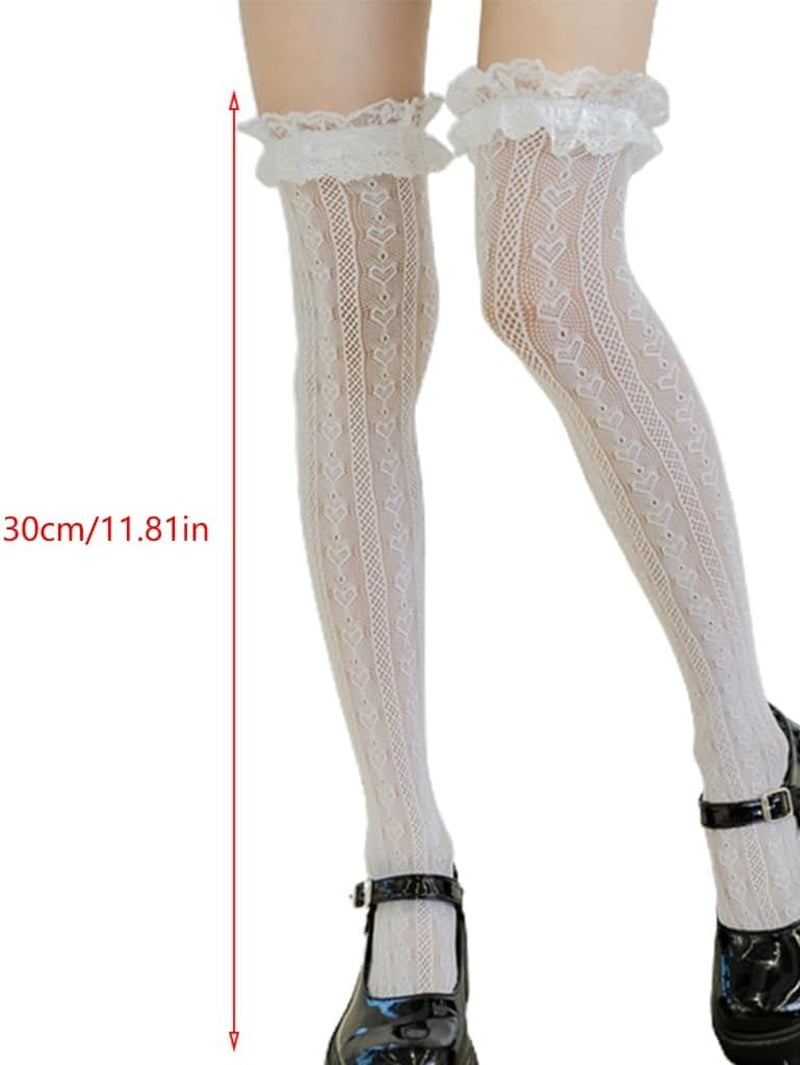 Heart Striped Lace Thigh High Stockings, 2 Pair