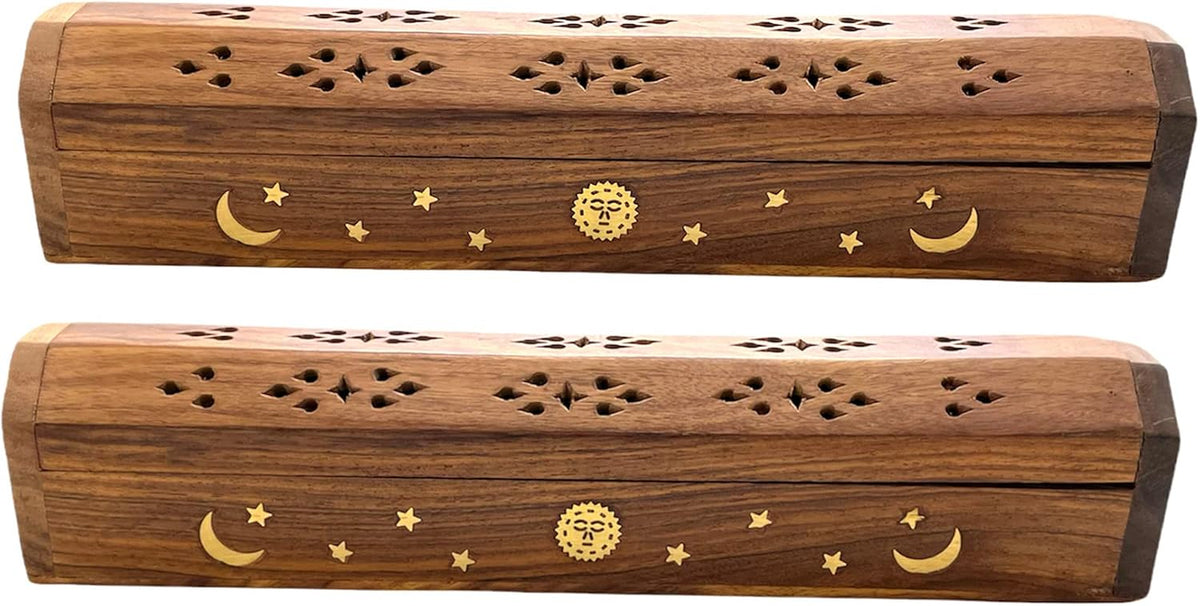 Wooden Coffin Incense Burner 2-Pack - Brass Inlay