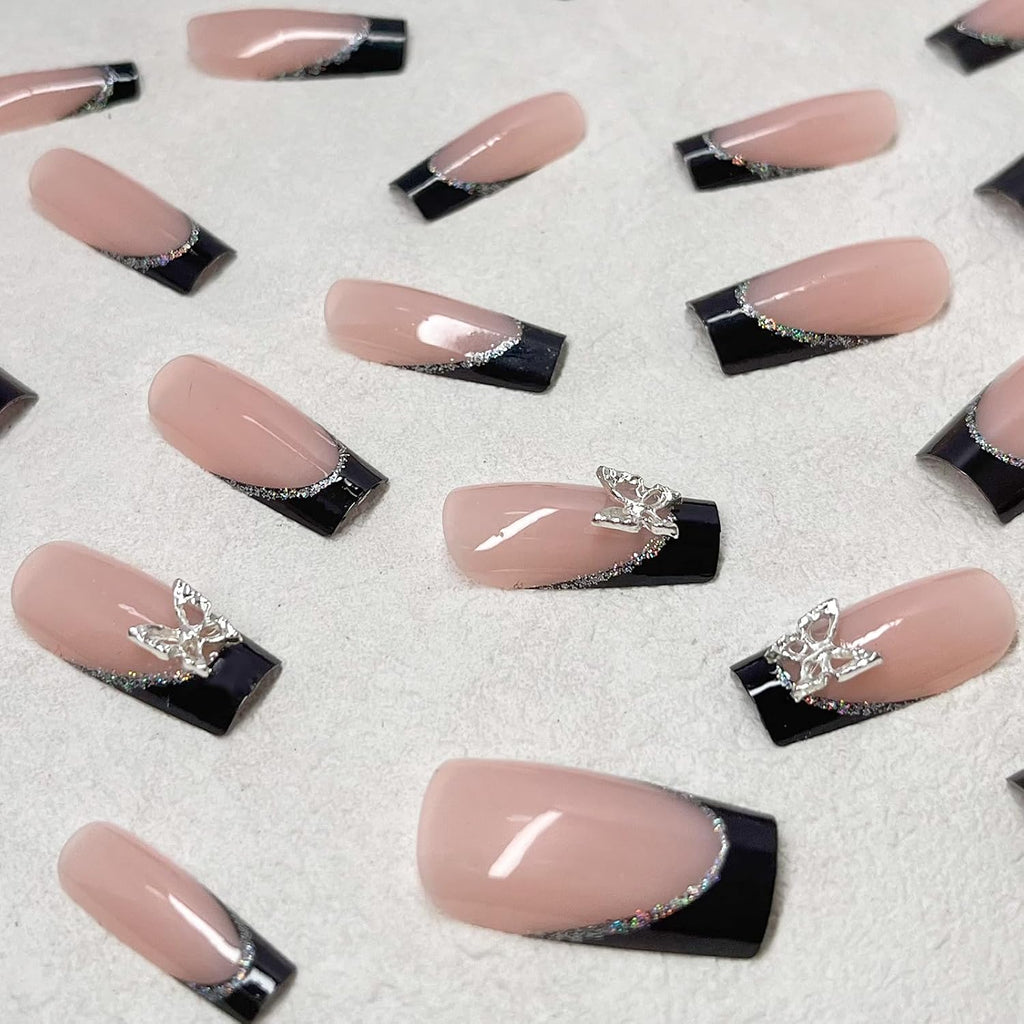 Black French Tip Coffin Press-On Nails with Silver Butterfly Charms
