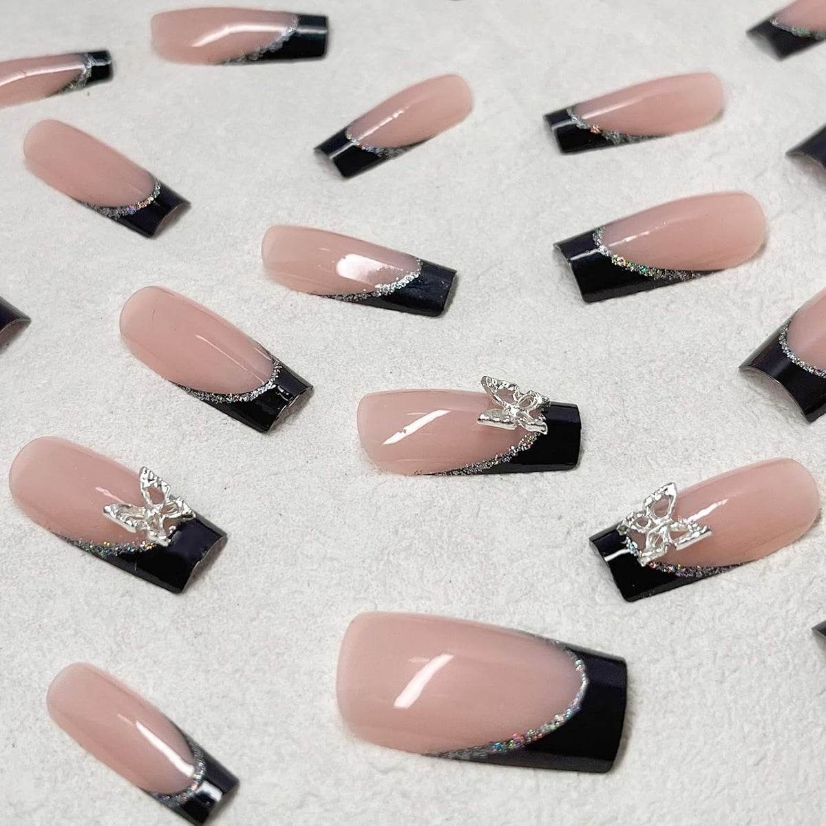 Black French Tip Coffin Press-On Nails with Silver Butterfly Charms