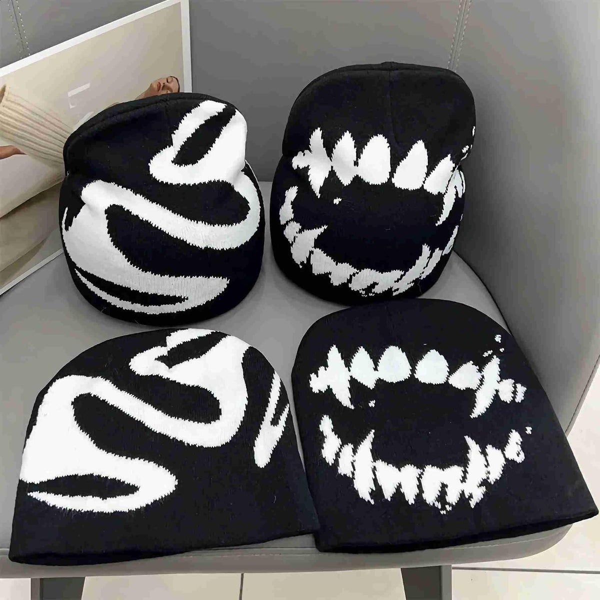 Skull Slouchy Beanie - Black Knit, 2 Pack