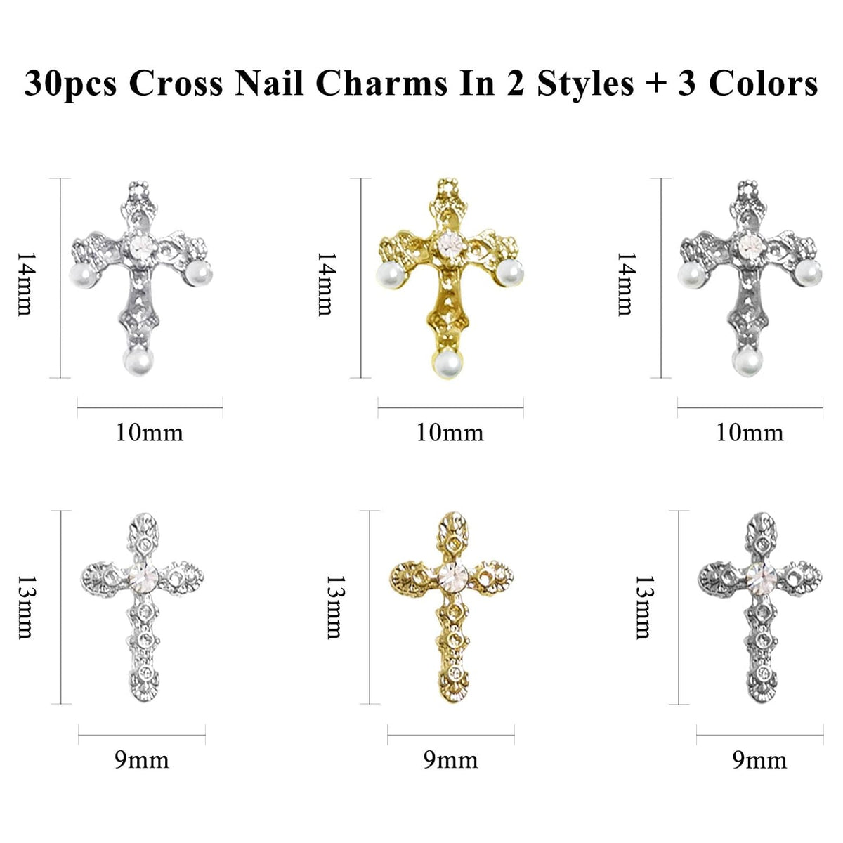 Gold and Silver Cross Nail Studs with Pearls, 30 Piece