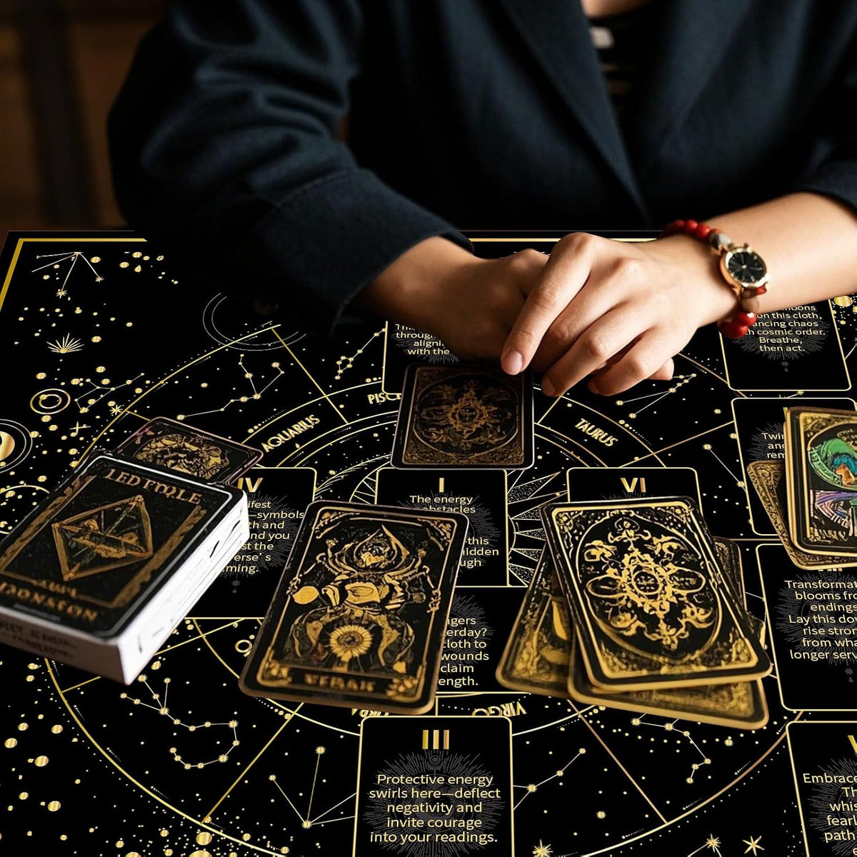 Celestial Tarot Cloth - Black & Gold, Double-Sided