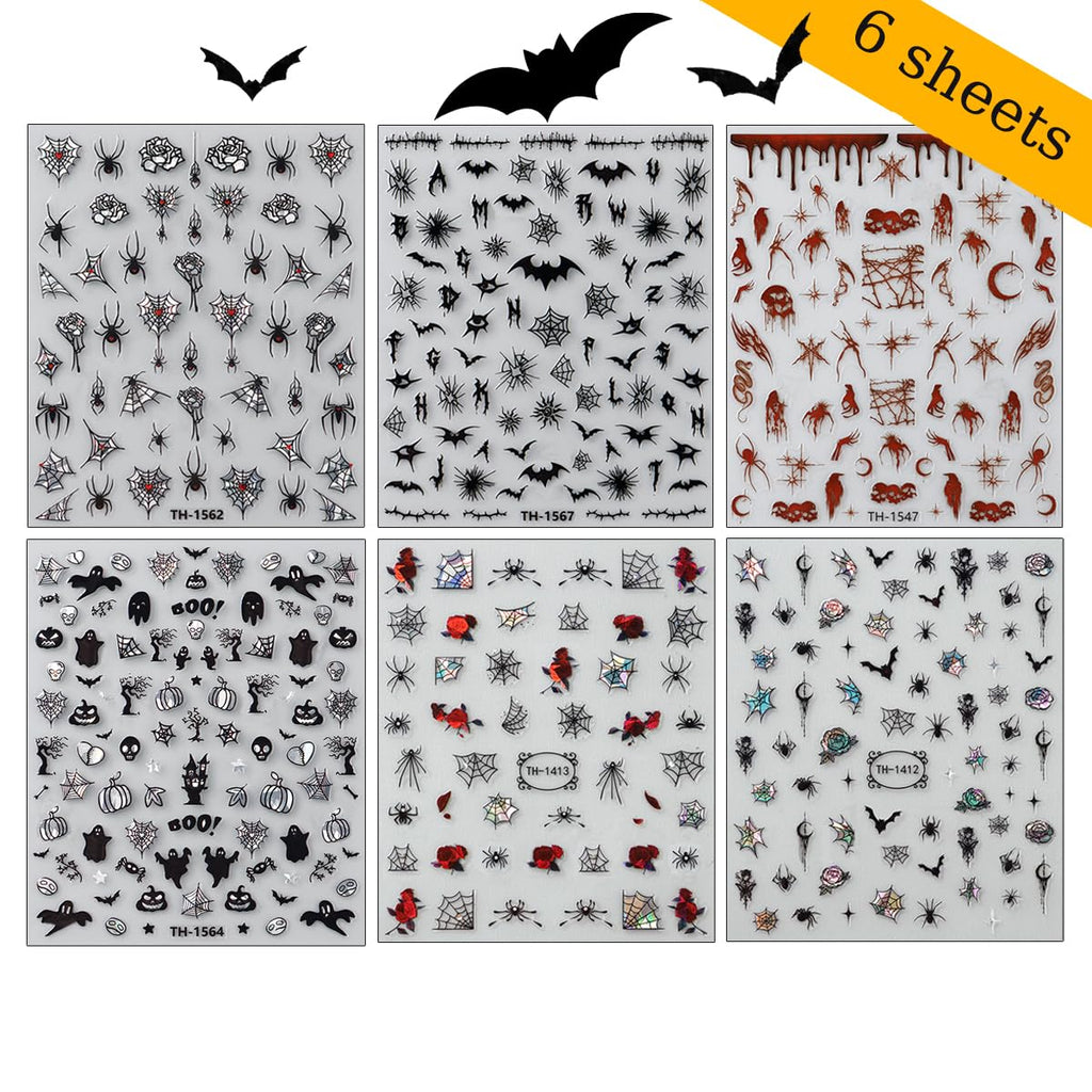 Horror Goth Nail Decals: Bats, Roses, Spider Webs and Skulls, 6 Sheets