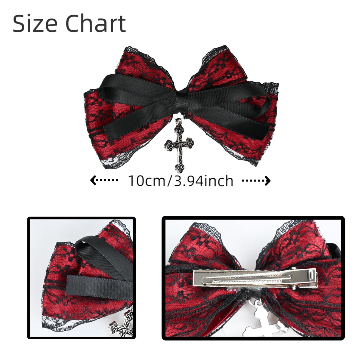 Gothic Black Lace and Red Bow Hair Clips with Cross, 2 Piece