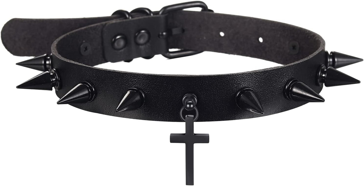 Spiked Moon & Cross Choker - Black Leather, Stainless Steel Pendant