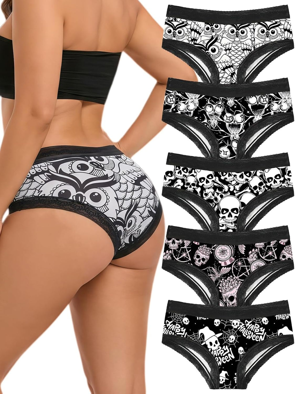 5Pcs Lace Trims Cute Printed Bikini Hipsters for Women Pack Panties